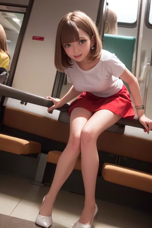 ((nsfw))、Inside the train、Sitting、Between the knees(White panties)I can see、Angle from below the front、1 girl、Bob Hair、Brown Hair、Medium breast、(T-Shirts、Flared mini skirt with slitasterpiece:1.3、Highest quality、Raw photo、