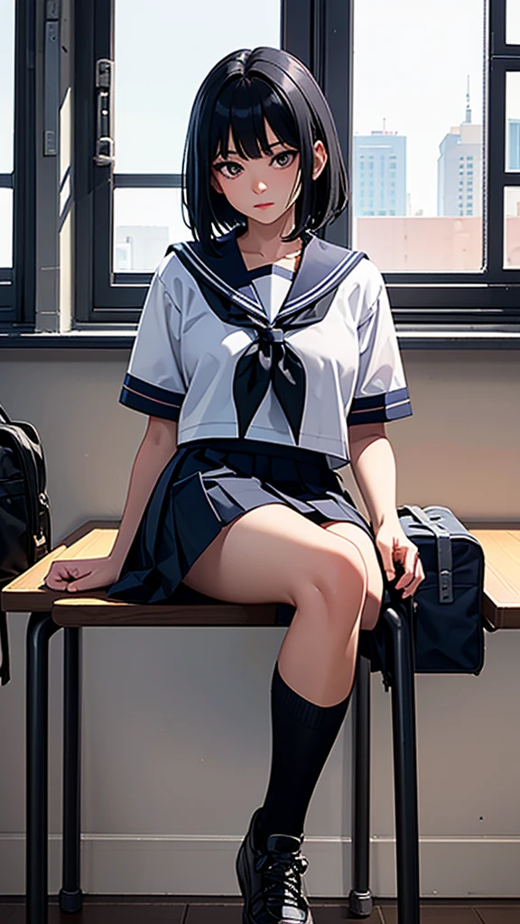 Beautiful attention to detail, Beautiful lip detail, Very detailed目と顔, Long eyelashes, 1 girl, Face close-up, inside the School, In the classroom, , Sweat, Dark skin, (Very short black hair),dissatisfaction, Sulky, Sailor suit, Dark Blue, White shirt, Short sleeve, School, Dark Blue Skirt, Black Skirt, Knee-high socks, sneakers, School bag, Highest quality, 4K, 8k, High resolution, masterpiece:1.2, Very detailed, Realistic, photoRealistic, photo-Realistic:1.37, High resolution, 超High resolution, Studio Lighting, Ultra-fine painting, Sharp focus, Physically Based Rendering, Very detailed説明, Professional, Vibrant colors, Bokeh, Portraiture