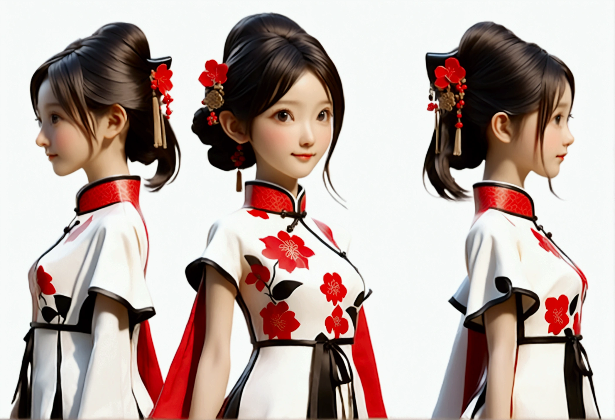 (((Showing the front view of the same 3D character IP figurine design、Side View、Rear view:1.5)))，Young fashionable girl，Wearing a fashionable ink-dyed cheongsam，Ink black and white mixed color Atles silk cheongsam，Uyghur totem cheongsam，Red bougainvillea pattern，Cheongsam style combining ethnicity and fashion，Chinese retro pattern，Cute floral pattern，airplane sleeves，Wide sleeves，Balloon sleeves，Pipa sleeves，Create 3D national trend characters，Delicate bougainvillea pattern，Multi-ethnic cultural integration，Three-dimensional Chinese style，Chinese style 3D character IP figure design，Perfectly proportioned oval face，Film-level ultra-high quality texture，Global Illumination，（Full body styling），((The same 3D character IP figure design with the same clothing and accessories from multiple perspectives，Front view of the same 3D character IP figurine design，同一个3D人物IP手办设计的Side View，同一个3D人物IP手办设计的Rear view))，
