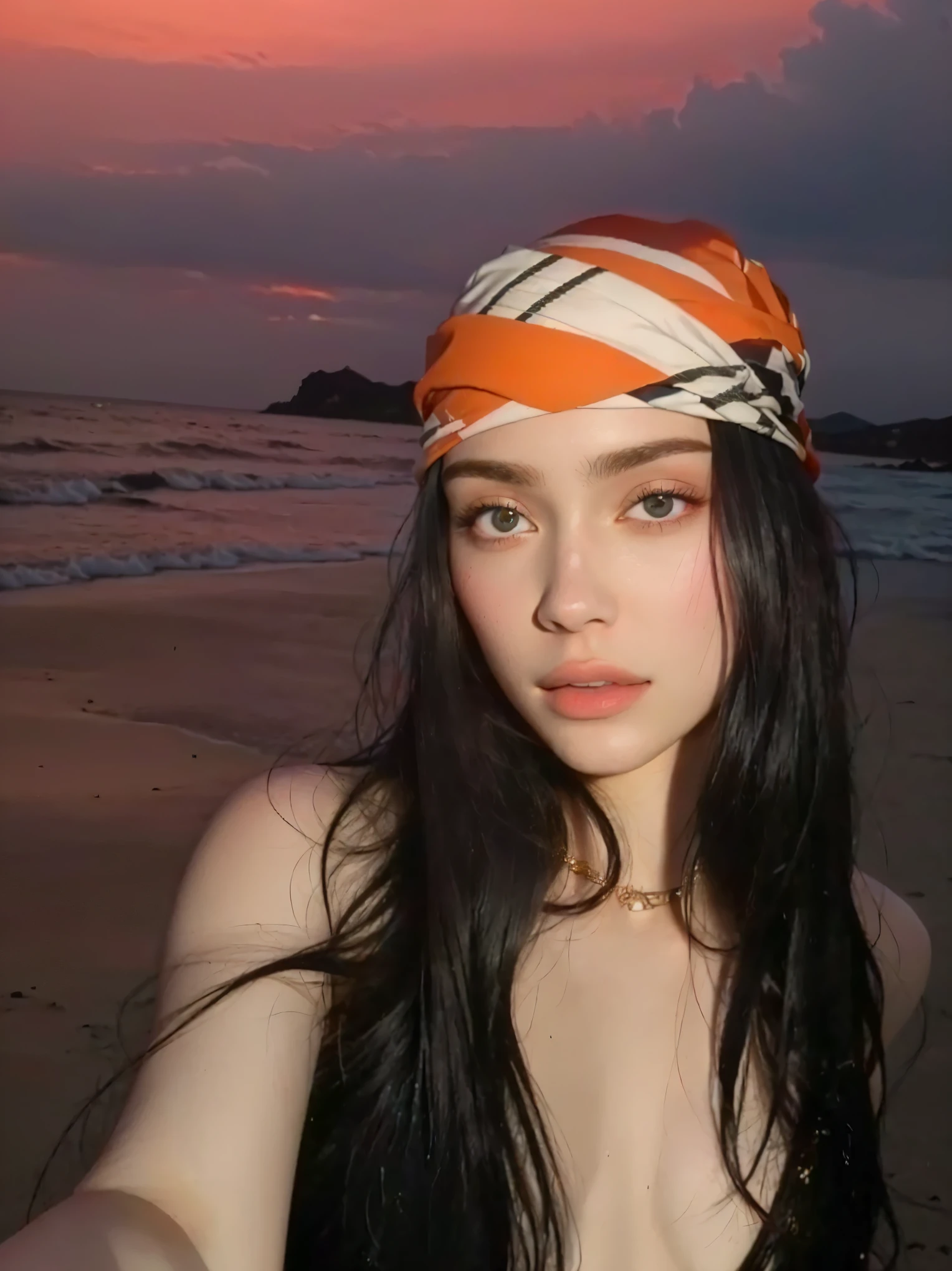 Mujer arafed tomando un selfie on the beach at sunset, pale, shiny skin, with pale skin, she looks like a mix of grimes, pale and light skin!!, on the beach at a sunset, ilya kuvshinov con pelo largo, sunset glow around head, on the beach at sunset, with sunset, Billie Eilish, High quality portrait, natural soft pale skin