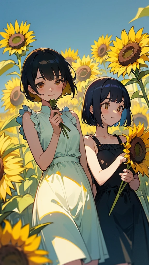  master piece, best quality, for below, cinematic angle, upper body , pigeon toed,  
Anime-style Moe illustration, summer vacation theme, 20-year-old 4womans holding a bouquet of sunflowers, short hair, summer dress, slightly inner thighs, smile, accurate drawing