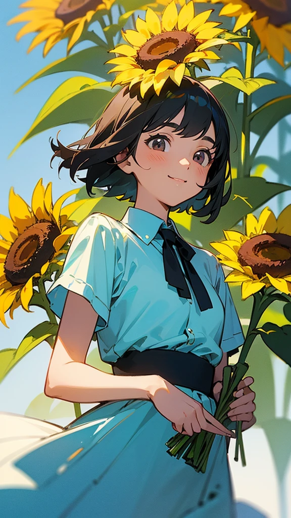 master piece, best quality, for below, cinematic angle, upper body , pigeon toed,
Anime-style Moe illustration, summer vacation theme, 20-year-old 4womans holding a bouquet of sunflowers, short hair, summer dress, slightly inner thighs, smile, accurate drawing