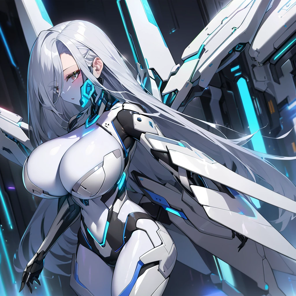 science fiction, android girl(metal skin, cyber joint, big breast, tall, long silver hair), large metal wings,