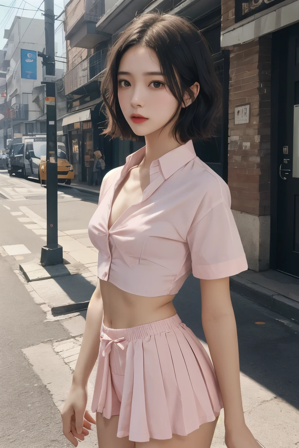 gal girl,single,the best quality,upper  body,beatiful,pretty,radiantly,Short colorful hair,tight skirt,Flat Chest,Small waist,Are thin,Small Ass,Thin thighs and legs,Cuteness at its best,A beautiful girl,Prostitute,Waiting for customers on a street corner, vivid colors,Real-life image quality,High pixel,Real person facial expression,Pale pink underwear,Thin string-shaped underwear,Thin cotton underwear,Beautiful nipples,Very small ,Realistic facial expressions,Strong-willed eyes,