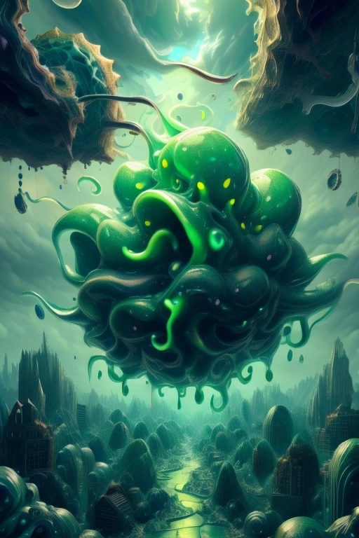 Slime monster, amorphous slime of monstrous colors ,Slime creature with tentacles and many mouths, shoggoth
masterpiece,Highest quality,8k,High resolution,
Fantastic,scary,horrific,
Please draw a amorphous shoggoth from H.P. Lovecraft. shapeshifting slime monster of viscous ooze with tendrils of slime. Slime monster attacking a city, slime droplets and puddles litter the city. dark green cloudy sky, madness of slime, slime bubbling and pulsating. People covered by the gooey slime. Monster slime.