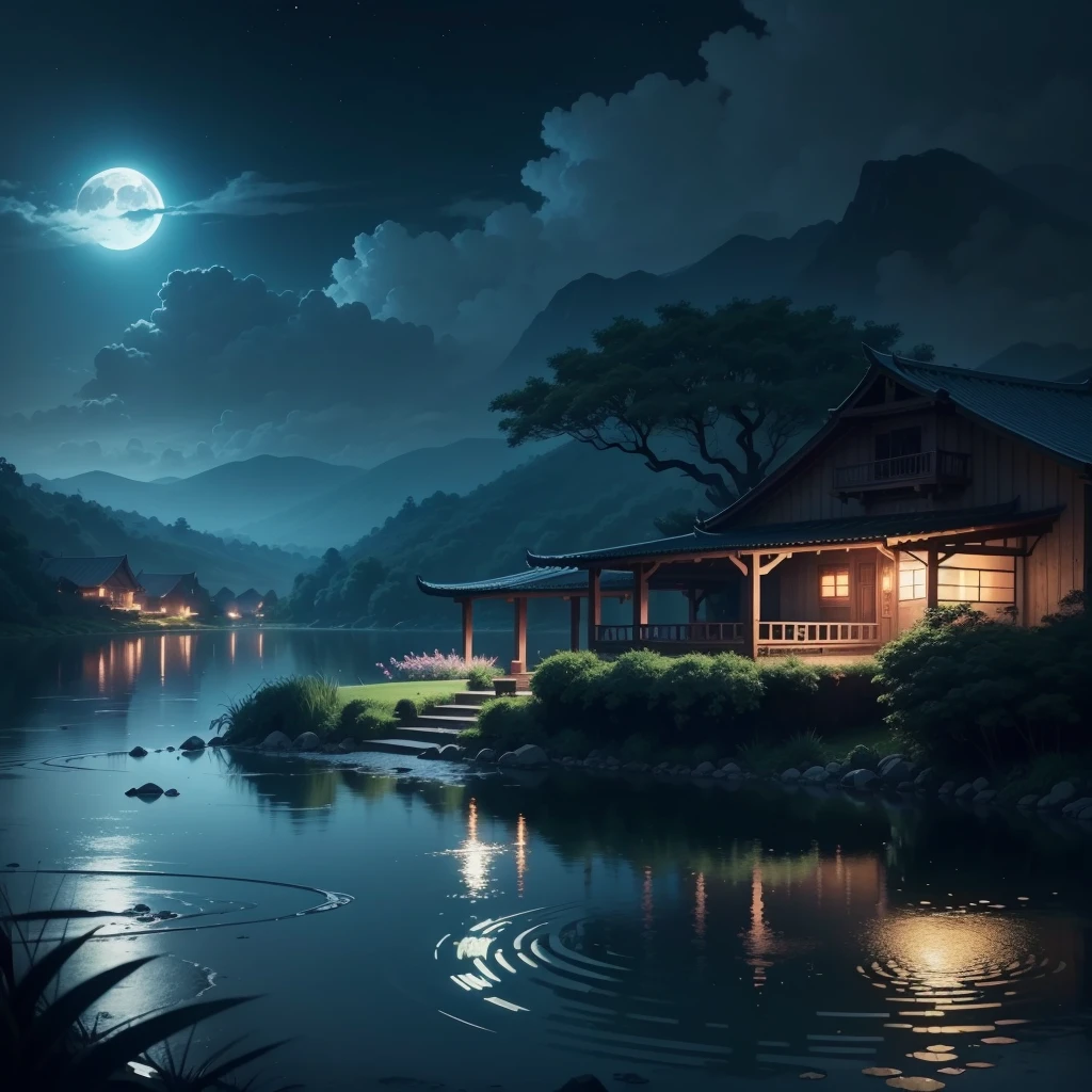 night scene with some house asian, vietnam, viet nam, ha giang, moon, lake in the foreground, calm night, green and blue, digital illustration, 4k highly detailed digital art, night scenery, anime art wallpaper 4k, anime art wallpaper 4 k, 4k detailed digital art, nighttime nature landscape, anime art wallpaper 8 k, background artwork, beautiful art uhd 4 k, 4 k hd illustrative wallpaper