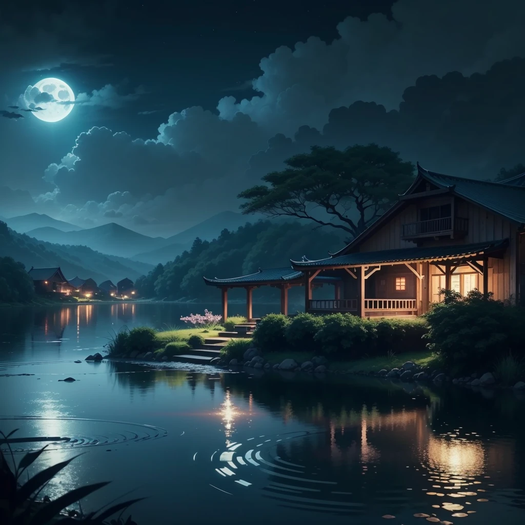 night scene with some house asian, vietnam, viet nam, ha giang, moon, lake in the foreground, calm night, green and blue, digital illustration, 4k highly detailed digital art, night scenery, anime art wallpaper 4k, anime art wallpaper 4 k, 4k detailed digital art, nighttime nature landscape, anime art wallpaper 8 k, background artwork, beautiful art uhd 4 k, 4 k hd illustrative wallpaper