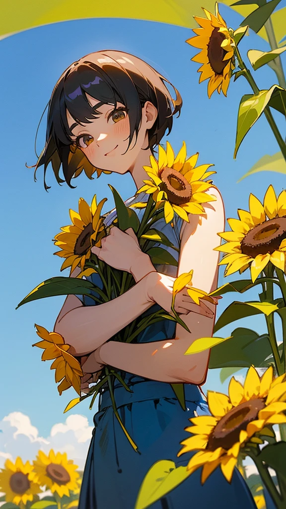  master piece, best quality, for below, cinematic angle, upper body , pigeon toed,  
Anime-style Moe illustration, summer vacation theme, 20-year-old 4womans holding a bouquet of sunflowers, short hair, summer dress, slightly inner thighs, smile, accurate drawing, Active pose,