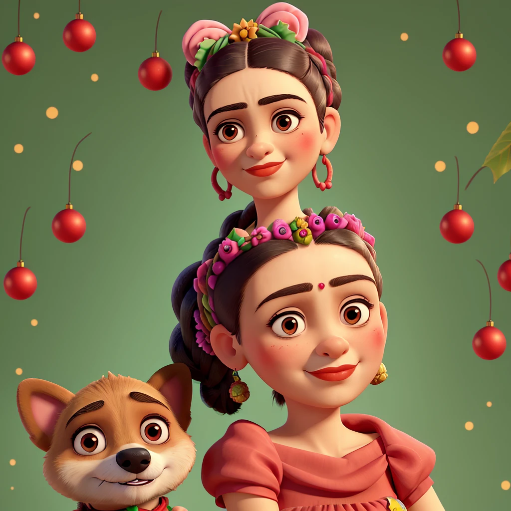 Frida Khalo with holiday makeup, with a dog accompanied by his side. With cempasuchil. Blushing.
