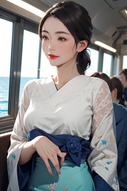 Beautiful Japanese woman in an anti-gravity environment, Highest quality, 8k resolution, Very detailed, Realistic:1.37, Mature Woman, Elegant woman, Sophisticated woman, 55-year-old married woman, [Small breasts], beautiful and soft breasts, [Focus on the whole body], [Fine Lines], Beautiful Lips, Sparkling eyes, Look straight ahead, [Red lipstick], Underwater, Ocean中, Ocean, Mermaid-like, Low Ponytail.