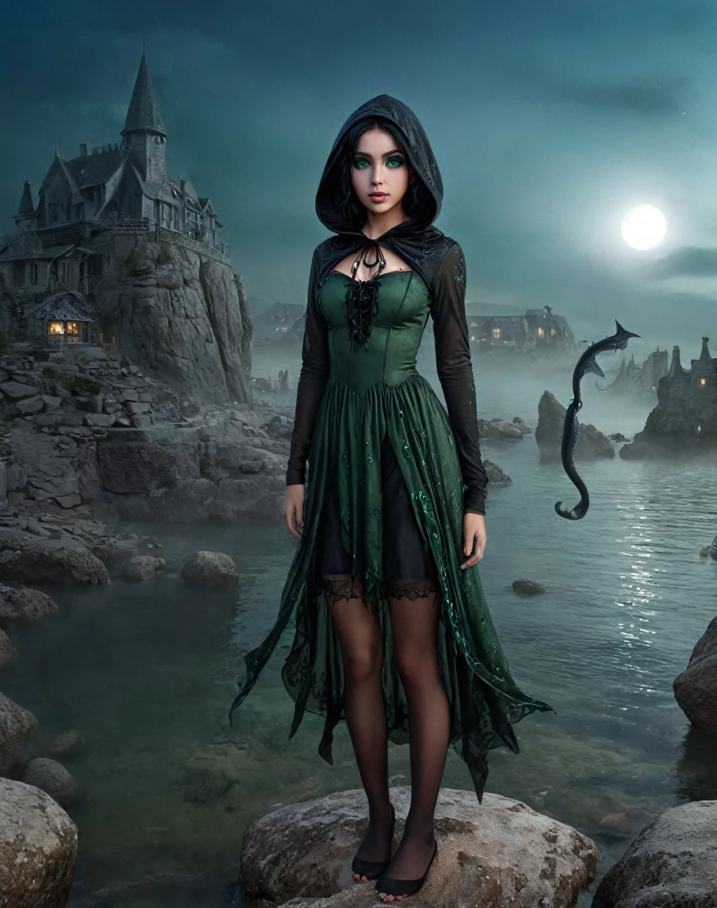 (Masterpiece, Best quality, ultra high resolution),1girl,Create an image of a Ultra realistic girl , daughter of severus snape , black hair, green Eyes , black dress, hood,(fish girl,gray skin,tentacles),beautiful and detailed face, detailed eyes,in a rock lagoon, standing on top of a rock, night, moon,fog,(gray and blue theme)
