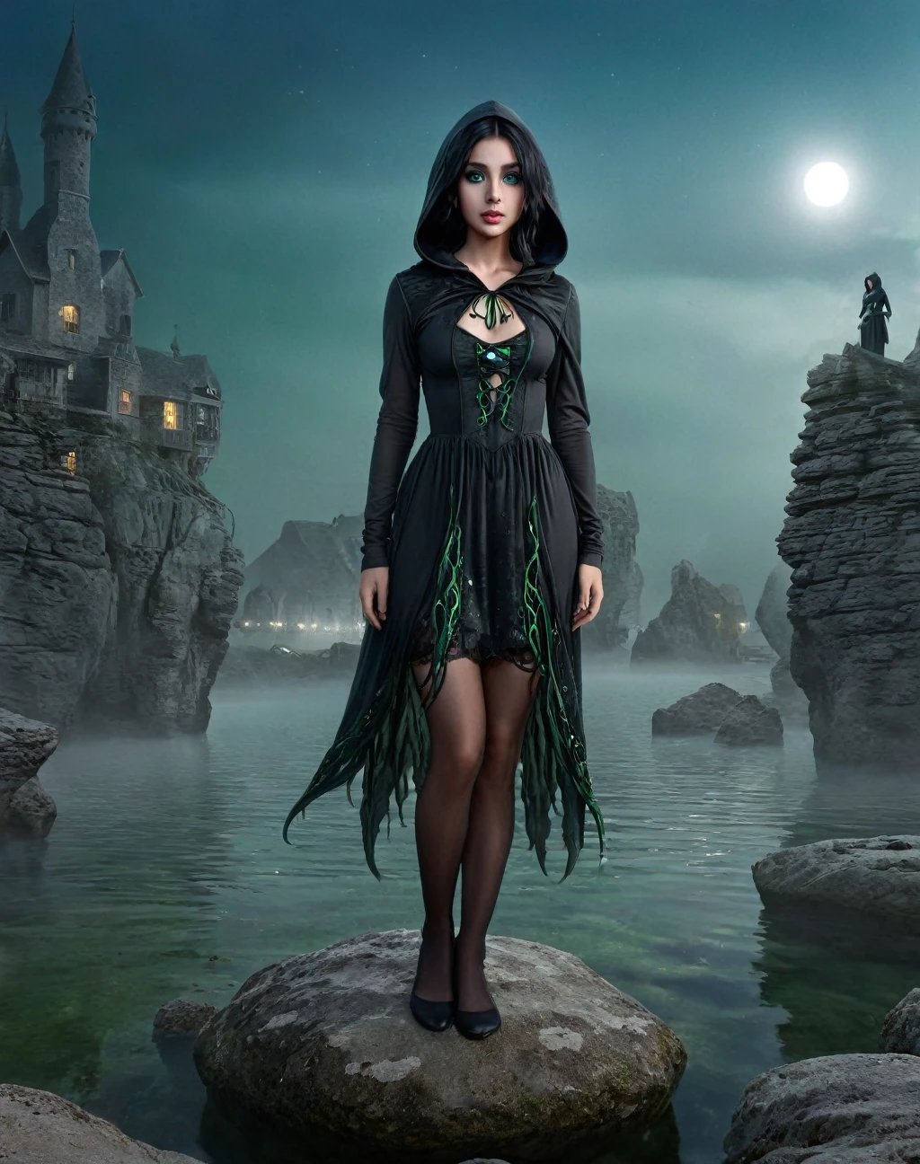 (Masterpiece, Best quality, ultra high resolution),1girl,Create an image of a Ultra realistic girl , daughter of severus snape , black hair, green Eyes , black dress, hood,(fish girl,gray skin,tentacles),beautiful and detailed face, detailed eyes,in a rock lagoon, standing on top of a rock, night, moon,fog,(gray and blue theme)