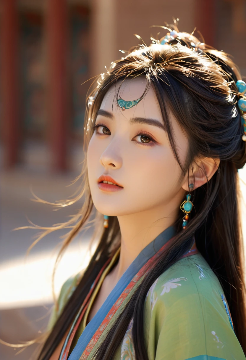 (RAW photos, best quality), (Practical, Photo Practical: 1.3), best quality, Very detailed, masterpiece, Ultra Detail, illustration, 1 girl, Forehead painted, superior_Body, Dynamic Angle, World masterpiece Theater, messy_long_hair, best quality, Extremely detailed CG unified 8k wallpaper, ink, Astonishing, light, lens_Flare,Dunhuang_style