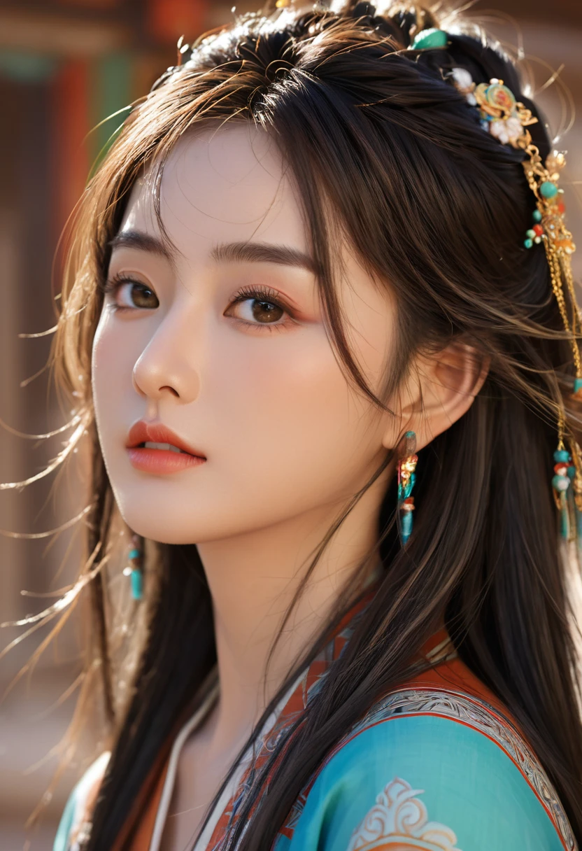 (RAW photos, best quality), (Practical, Photo Practical: 1.3), best quality, Very detailed, masterpiece, Ultra Detail, illustration, 1 girl, Forehead painted, superior_Body, Dynamic Angle, World masterpiece Theater, messy_long_hair, best quality, Extremely detailed CG unified 8k wallpaper, ink, Astonishing, light, lens_Flare,Dunhuang_style