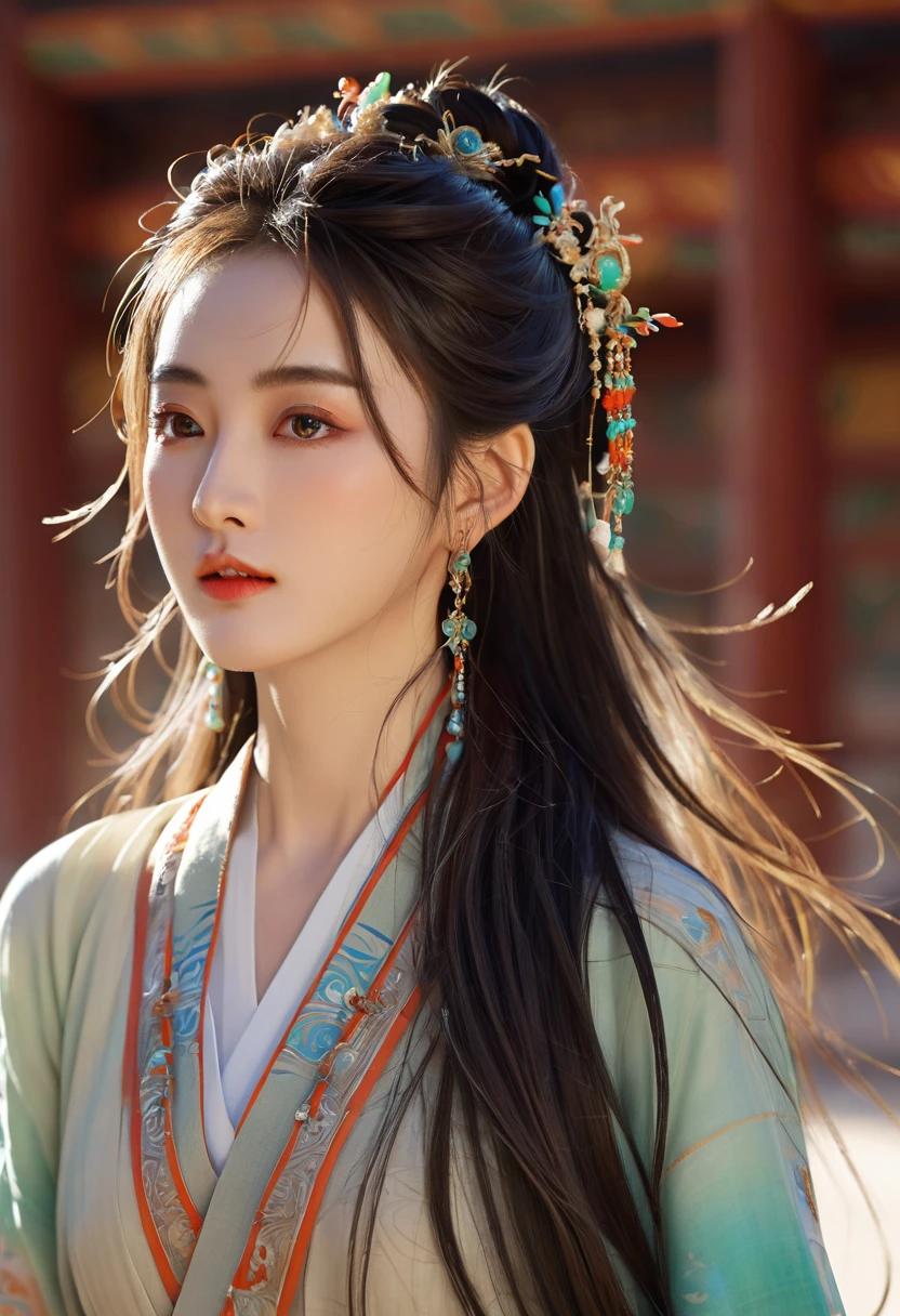 (RAW photos, best quality), (Practical, Photo Practical: 1.3), best quality, Very detailed, masterpiece, Ultra Detail, illustration, 1 girl, Forehead painted, superior_Body, Dynamic Angle, World masterpiece Theater, messy_long_hair, best quality, Extremely detailed CG unified 8k wallpaper, ink, Astonishing, light, lens_Flare,Dunhuang_style