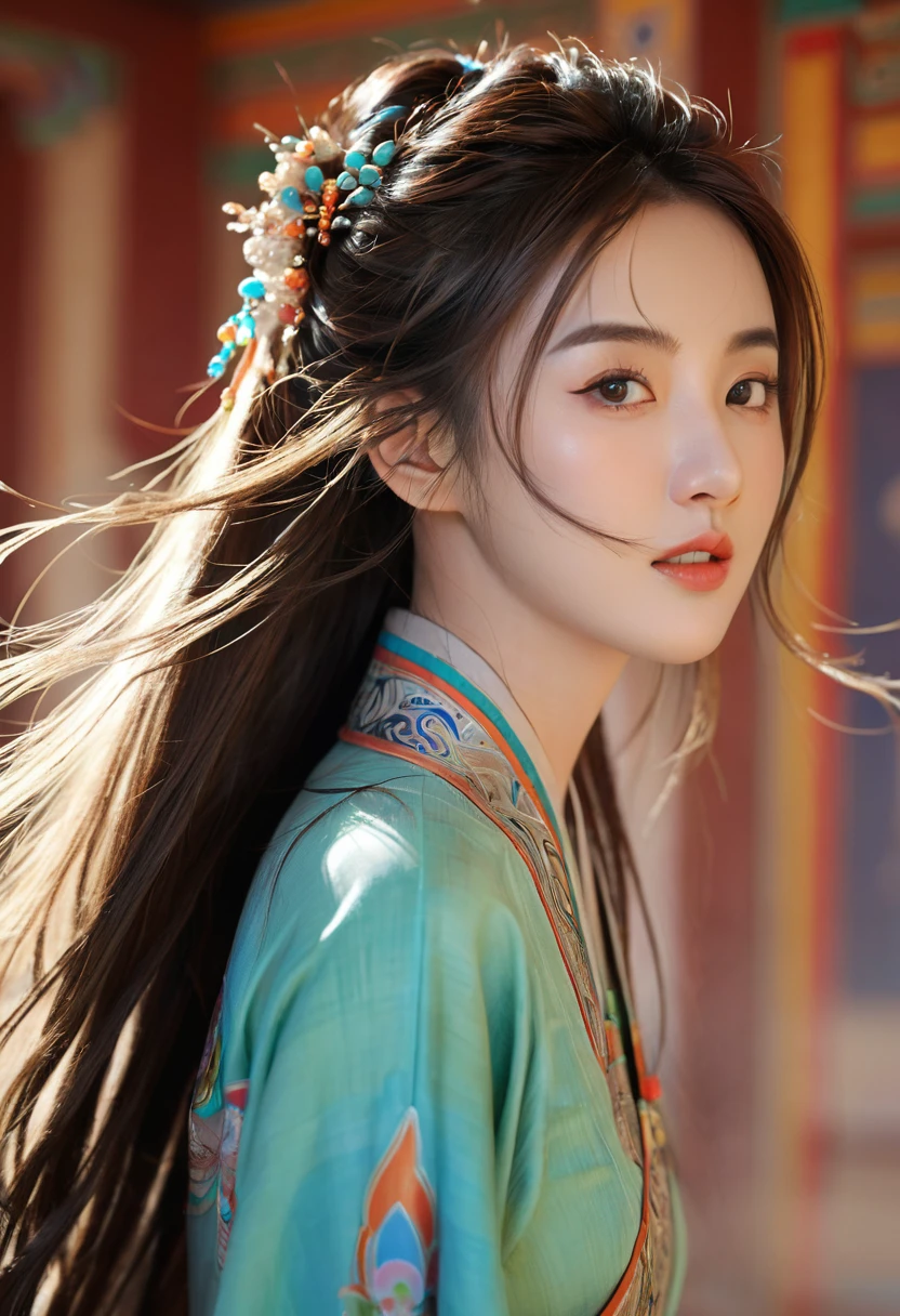 (RAW photos, best quality), (Practical, Photo Practical: 1.3), best quality, Very detailed, masterpiece, Ultra Detail, illustration, 1 girl, Forehead painted, superior_Body, Dynamic Angle, World masterpiece Theater, messy_long_hair, best quality, Extremely detailed CG unified 8k wallpaper, ink, Astonishing, light, lens_Flare,Dunhuang_style