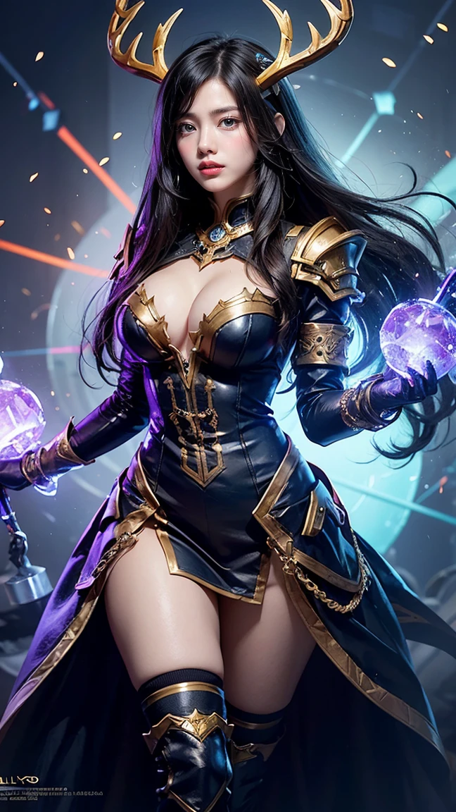 Illustrate Lillia in her 'Hextech' skin from League of Legends by Riot Games,massive k-cups,She’s adorned in high-tech, steampunk-inspired armor with glowing blue crystals, featuring mechanical antlers, a dress with intricate gear patterns, and a staff that pulses with hextech energy, showcasing her advanced technological prowess.