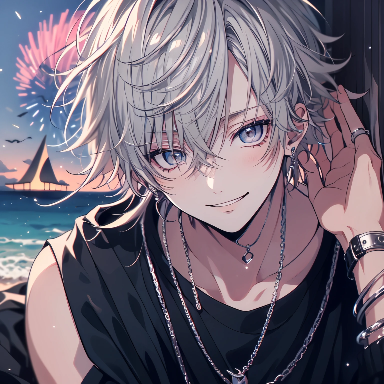 (masterpiece), Highest quality, Ultra-high resolution,male、Silver colored hair、Short Hair、Silver colored eyes、Black clothing、summer、Ocean、firework、cool、smile、Offer your hand