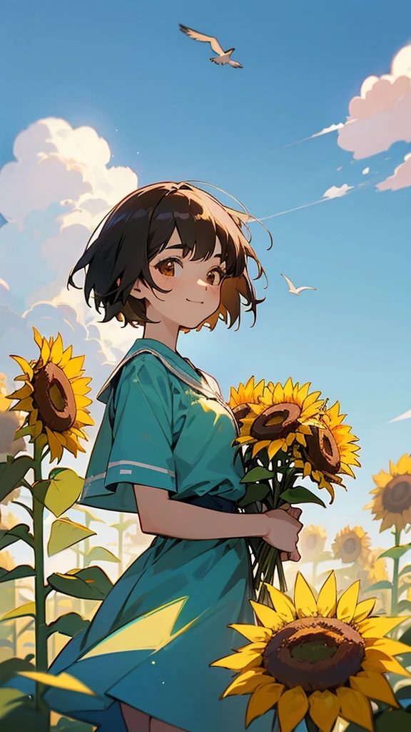 master piece, best quality, for below, cinematic angle, upper body , pigeon toed,
Anime-style Moe illustration, summer vacation theme, 20-year-old woman holding a bouquet of sunflowers, short hair, summer dress, slightly inner thighs, smile, accurate drawing