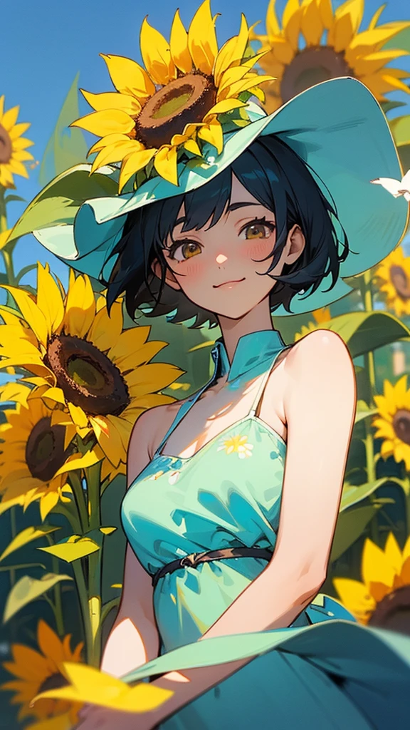 master piece, best quality, for below, cinematic angle, upper body , pigeon toed,
Anime-style Moe illustration, summer vacation theme, 20-year-old woman holding a bouquet of sunflowers, short hair, summer dress, slightly inner thighs, smile, accurate drawing