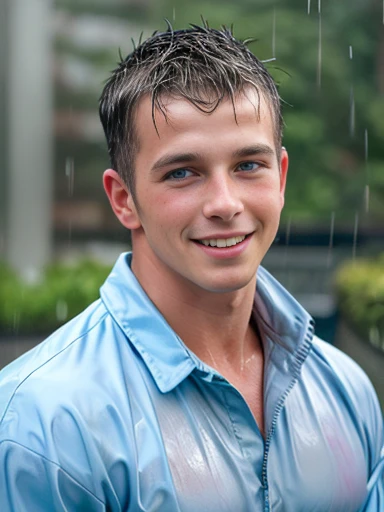 1boy,solo,smile,black hair,short hair,male focus,blue eyes,smile,looking at viewer,masterpiece,best quality,8k,higres, male focus, closed mouth, raining rain,wet clothes,wet shirt