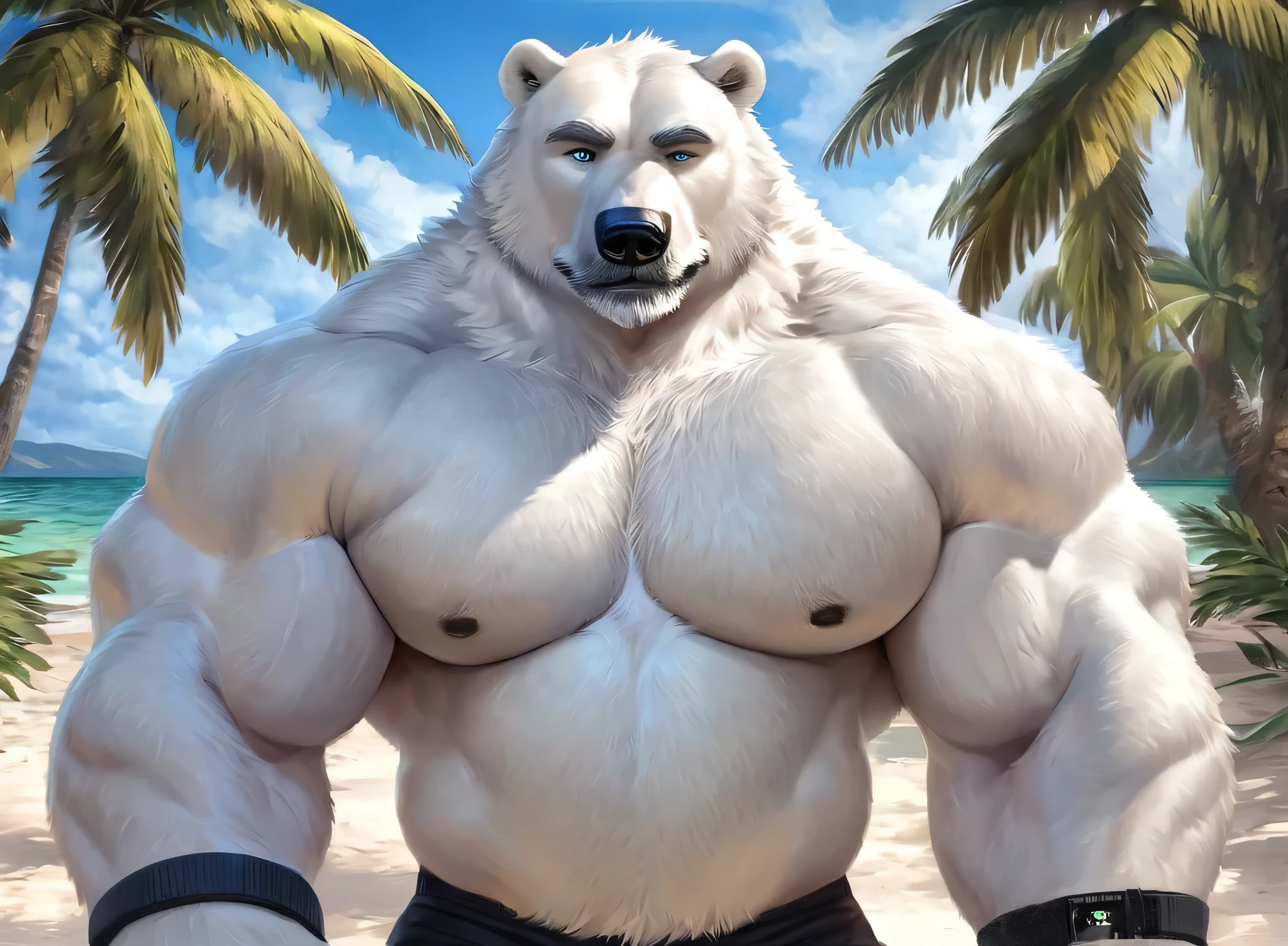 huge muscular polar bear Dad in Tropical Beach, big smirk, polar bear, huge white fur, thick arm, huge arm, bearded. Shortest white hair and white beard, white mustache, bearded white, (muscular, pectoral, wide pectoral, thick arms), correct anatomy, beach, palm, realistic, detailed eyes, 8k, masterpiece, added grayish eyebrows, deatiled eyes with blue pupils, (wearing black shorts, wristband, watch, shirtles and topless), front lat pose chest flex