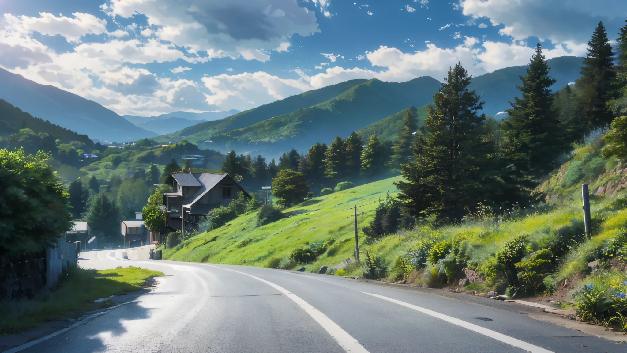 (country road in the mountains)+(with cloudy sky)+(eye hight shot photo)+(parking lot by the road)+(Dense pine woods)+(moss)+(moody atmosphere)
