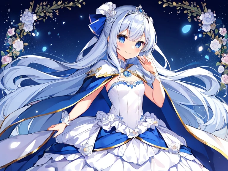 best quality,(long train blue cape:1.15),(long train white ball gown with floral decoration:1.15), a girl is wearing a cape over her dress, anime style, rococo style, little princess, tiara, kind smile, very long hair, small breast, perfect fingers, masterpiece