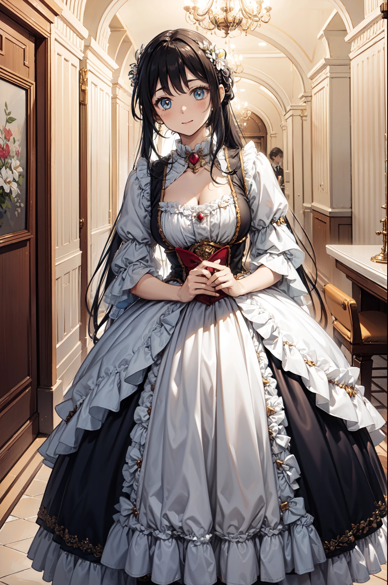 elegant victorian era rococo dress with large frilly skirt and long train, voluptuous woman, expressive and luscious long hair, bangs, cowgirl shooting pose, extremely detailed and beautiful face, cute anime art style, see-through clothing