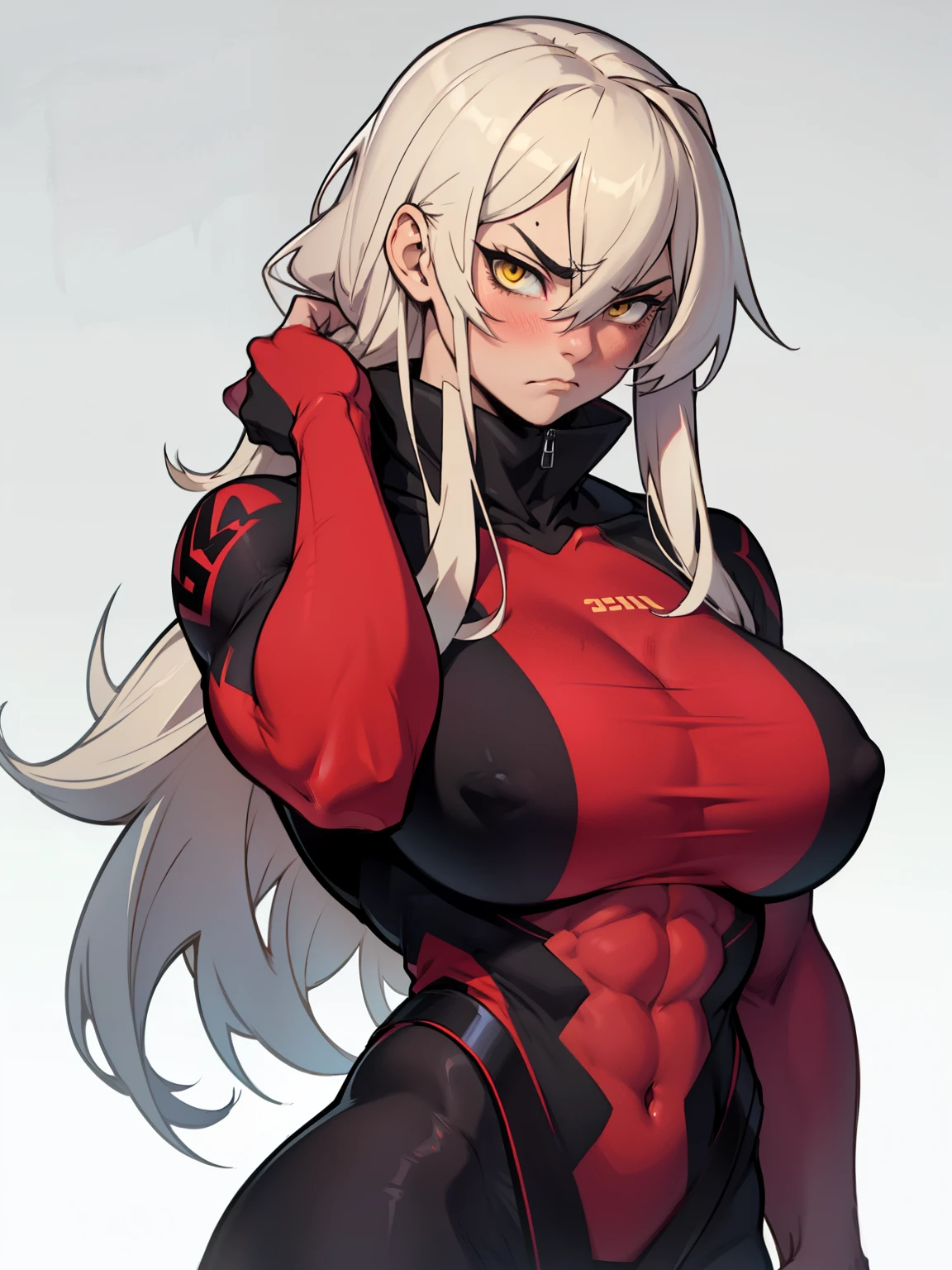 girl muscles huge breasts pale skin black long hair yellow eyes sad blushing solo frown