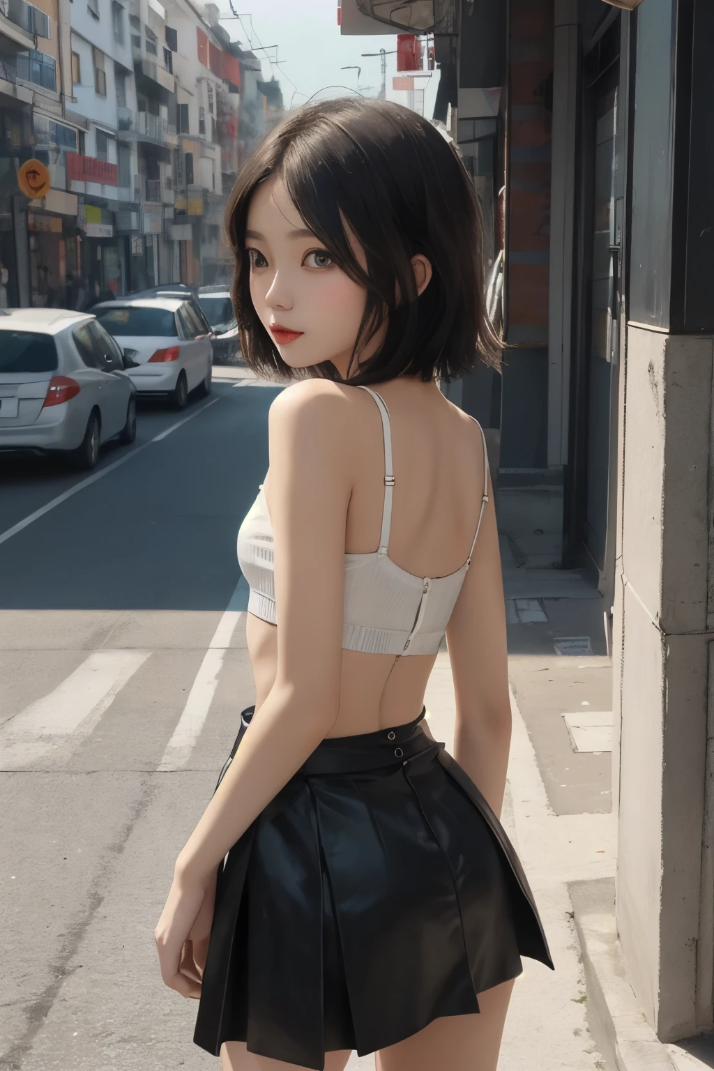 gal girl,single,the best quality,upper body,beatiful,pretty,radiantly,Short colorful hair,tight skirt,Flat Chest,Small waist,Are thin,Small Ass,Thin thighs and legs,Cuteness at its best,A beautiful girl,Prostitute,Waiting for customers on a street corner,