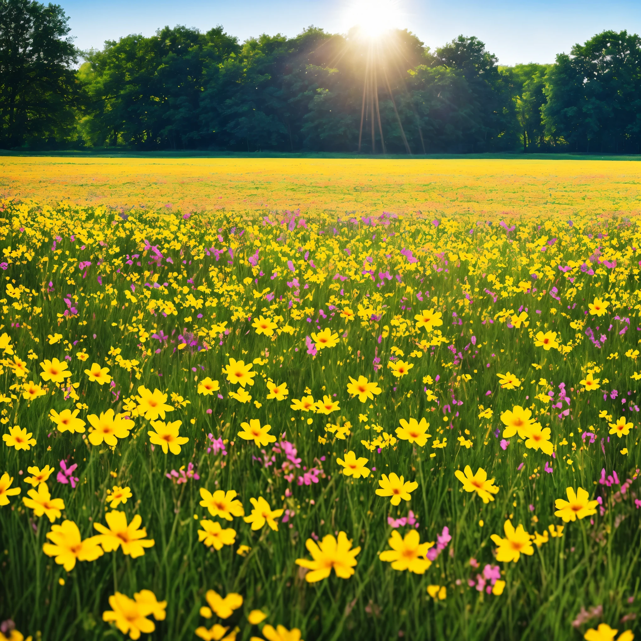 a field of flowers with the sun shining in the background, bright sunny summer day, 🌺 cgsociety, sunny meadow, bright and sunny day, sunny day time, bright summer day, in a sunny day, bright sunny time, beautiful sunny day, on a sunny day, bright sunny day, by Igor Zenin, sunny morning light, beautiful flowers, meadow flowers