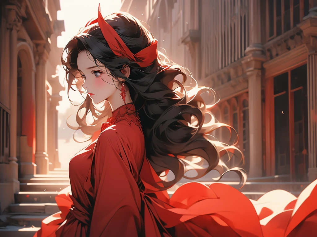 woman in a red dress wearing a red headband in a building, 1girl, solo, dress, black hair, red dress, long hair