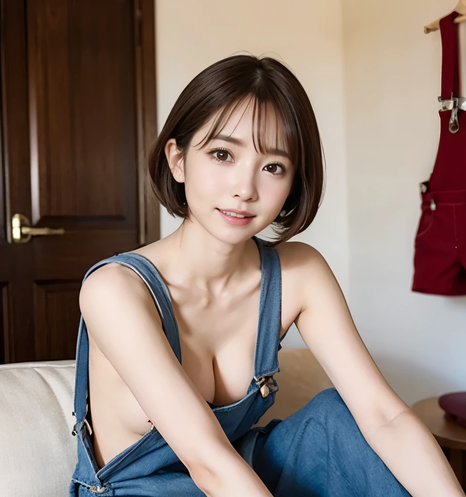 Highest quality、、 Compensate、masterpiece、Ultra-high resolution、Clear photos、Natural light、Very cute girl、The cutest Erina Mano、Baby Face、(Small breasts、Flat Chest)、Slender body、Tight waist、Very short bob cut、Brown Hair、smile、Delicate face、Beautiful Skin、(Naked and wearing overalls:1.4)、(Hunchback、Her cleavage is visible)、living room、Head to knee photo:1.8