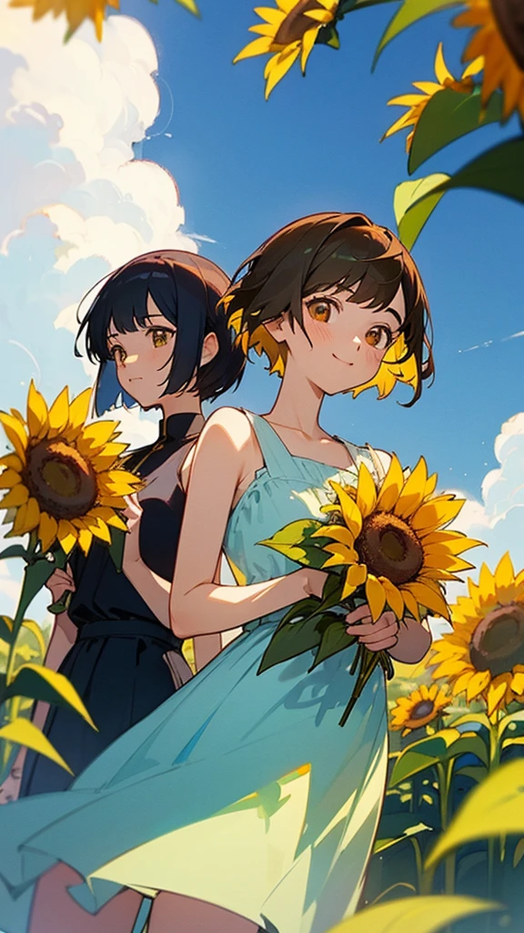 master piece, best quality, for below, cinematic angle, upper body , pigeon toed,
Anime-style Moe illustration, summer vacation theme, 20-year-old 4womans holding a bouquet of sunflowers, short hair, summer dress, slightly inner thighs, smile, accurate drawing