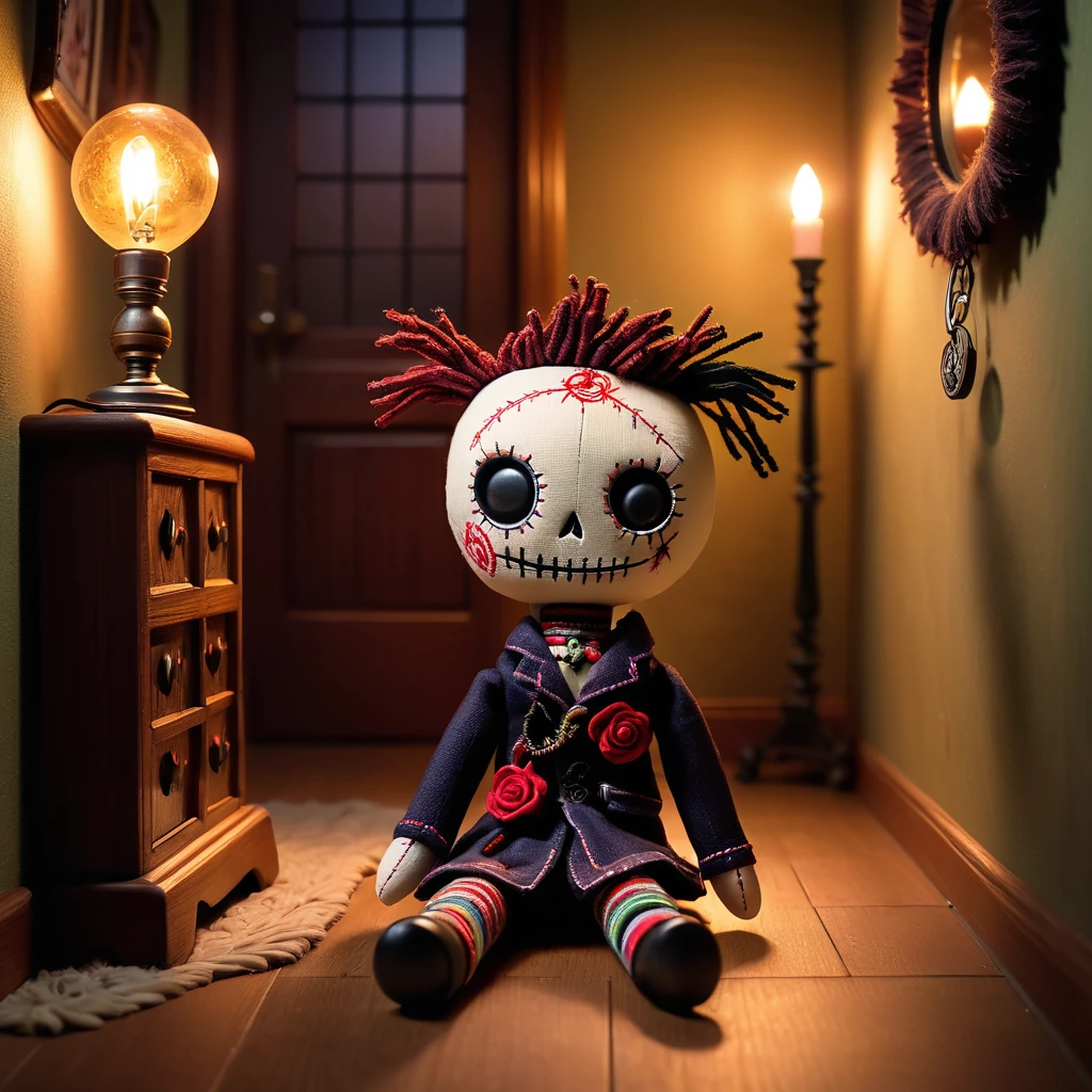 (knitted toy voodoo doll:1.7), (Voodoo in a hallway with a magical mirror:1.3), (Clothing: tattered casual attire with mystical symbols:1.0), (Accessories: miniature enchanted mirror, tiny glowing key holder, small eerie coat rack:1.2), (background: cozy hallway with flickering lights and glowing magical reflections, ethereal light illuminating the scene:1.2), best quality, masterpiece, detailed soft oil painting, detailed background, dramatic cinematic lighting, soft edge lighting, professional, dramatic lighting, hard edge lighting, ultra quality, 4k,masterpiece, best quality, 8k, ultra highres, highres, extremely detailed