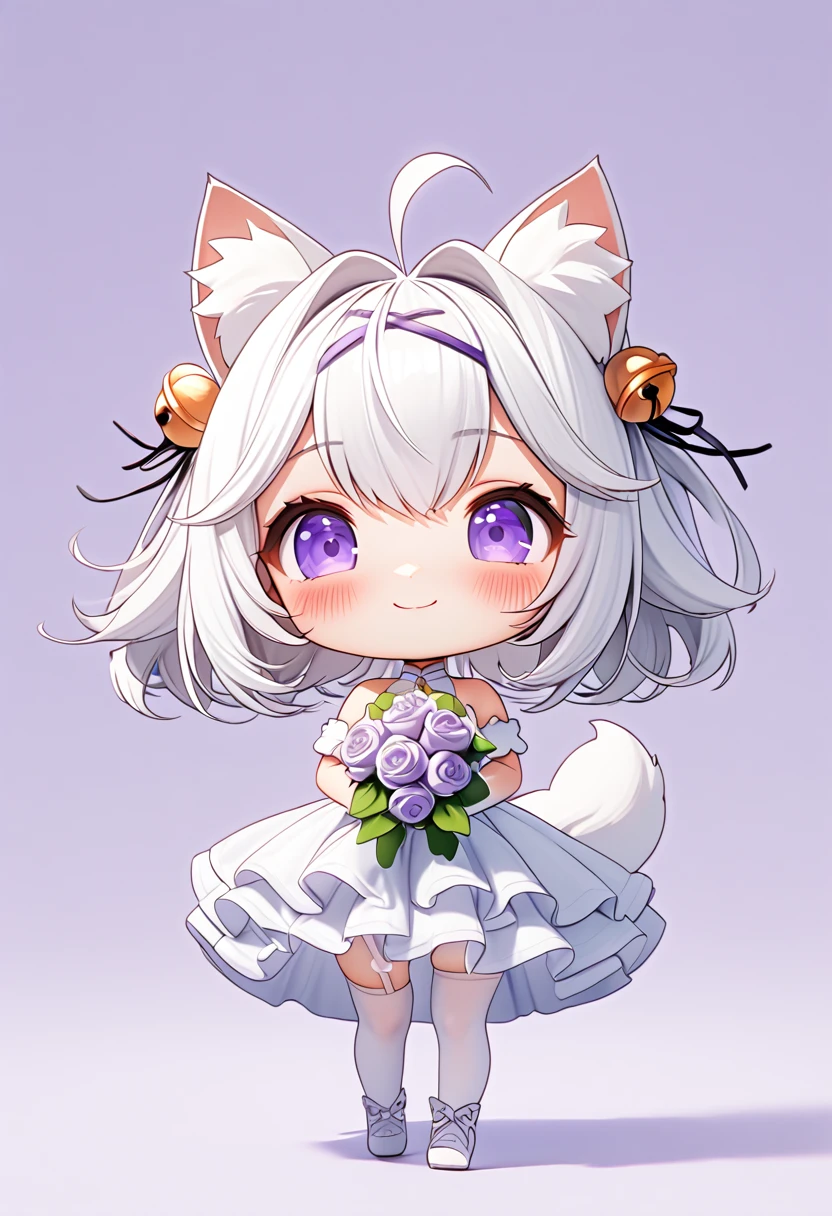 master piece, best quality, ultra-detailed, illustration, 1girl, solo, chibi, (big head), cute pose, front view, looking at viewer. Filiansailor, (((purple hairclip)) ), hair bell, white hair, short hair, cat ears, ahoge, purple eyes, blush, smiling, fluffy tail, long ponytail hair, wedding dress, long bridal veil, white arm sleeve, white gloves, holding bridal bouquet, white leg stockings, white high heals, ((simple background)),