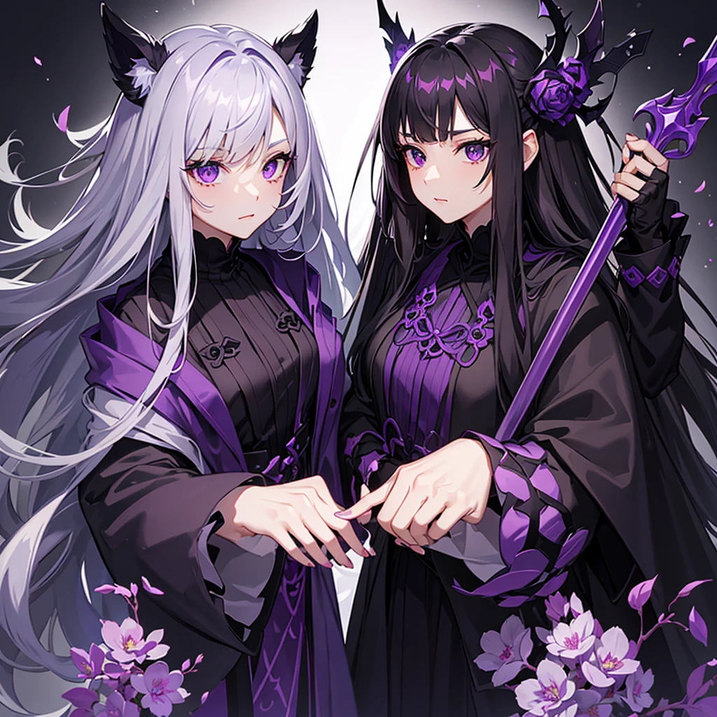 Cloak: Long with a dominant dark purple color, has black accents and an elegant design.hat: Dark purple in color with accents that match the robe, often decorated with ornaments.Face mask: Covers most of the face with a dark design and often has purple or black elements.Hair: Black with shades of purple or dark purple, medium length, and neatly arranged.weapon: A purple or black bow with a design that fits the dark and elegant theme.eye: Red or luminous in color, visible through the mask.accessories: accessories tambahan berwarna ungu atau hitam yang mendukung tema keseluruhan penampilan.