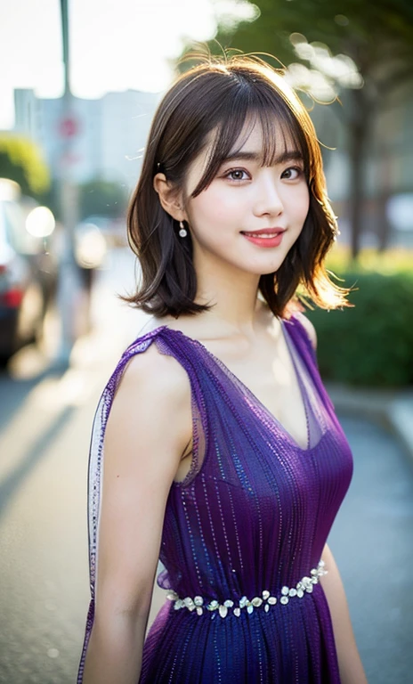 (a beautiful woman, age 28, walking near Tokyo Tower, wearing elegant see-through purple dress, White Daisy hair accessories, short disheveled hair, super definition face, fine eyes with double eyelids, dimpled kind smile, beautiful lips, fair skin, super cute and soft face, brown hair, soft toned body, ample round bosom, 8k resolution, super realistic, super definition, highest definition, masterpiece, bokeh_background, SFW, sunrays)