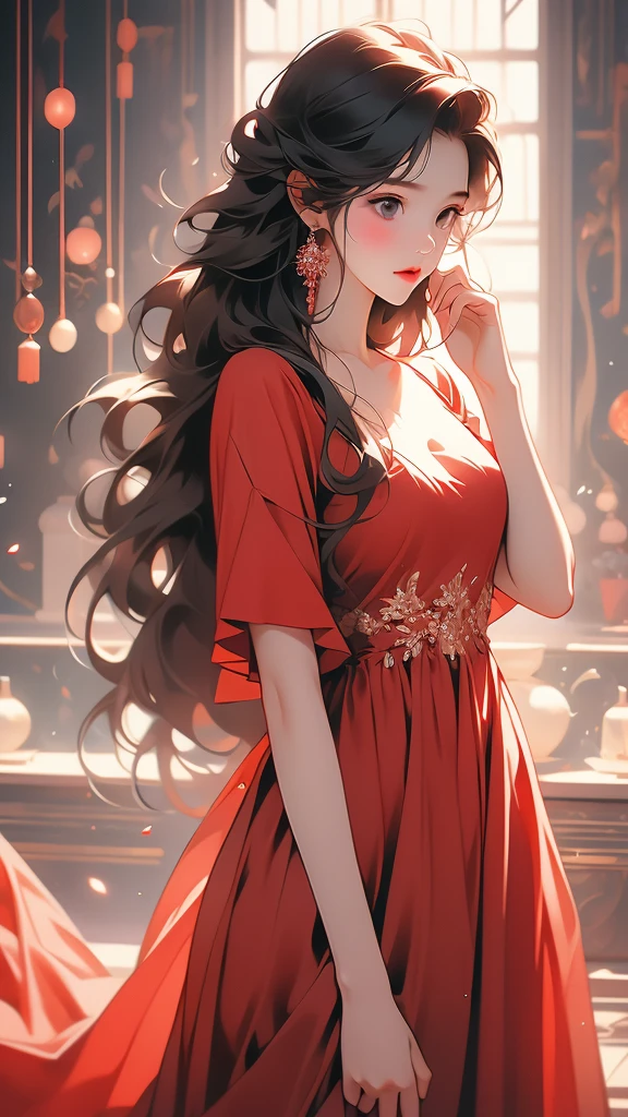 the girl is standing in a red dress next to white structure and is holding her nose, 1girl, solo, dress, black hair, red dress, long hair