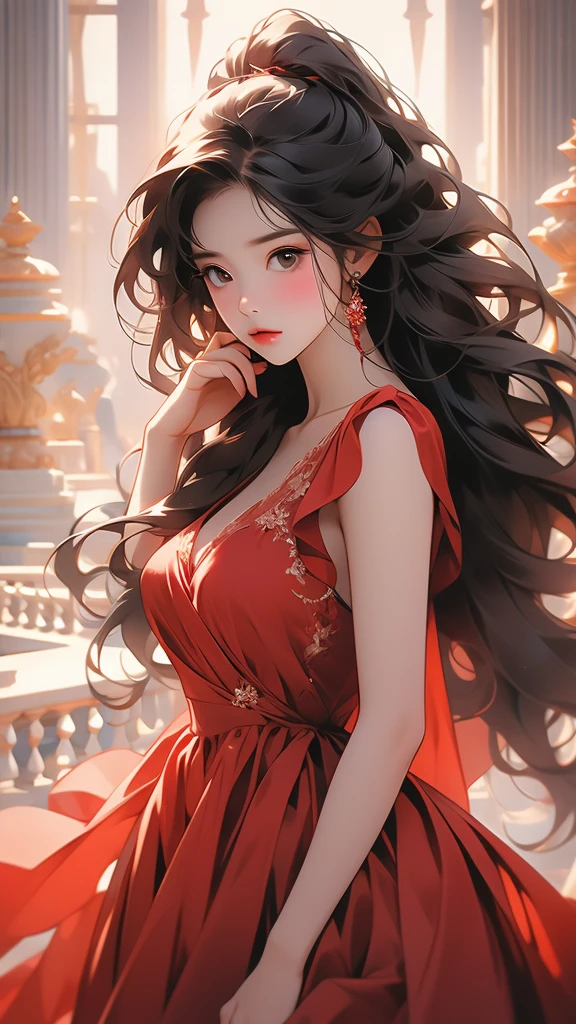 (masterpiece, best quality, beautiful and aesthetic:1.3), 1girl, solo, smile, upper body, looking at viewer, glossy skin, shiny skin, beautiful face, beautiful eyes, <lora:edgFlowerGownv1:1>, red ballgown, edgPetal, a woman wearing a ballgown made of flower petals, wearing edgPetal, indoors, ball room, chandelier, windows, standing, posing