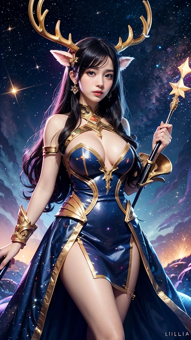 Illustrate Lillia in her 'Cosmic' skin from League of Legends by Riot Games,massive k-cups,She’s adorned in an ethereal, starry outfit with celestial motifs, featuring a cosmic dress with swirling galaxies, glowing antlers, and a staff that sparkles with cosmic energy, representing her connection to the cosmos.