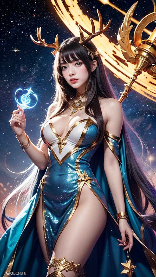 Illustrate Lillia in her 'Cosmic' skin from League of Legends by Riot Games,massive k-cups,She’s adorned in an ethereal, starry outfit with celestial motifs, featuring a cosmic dress with swirling galaxies, glowing antlers, and a staff that sparkles with cosmic energy, representing her connection to the cosmos.