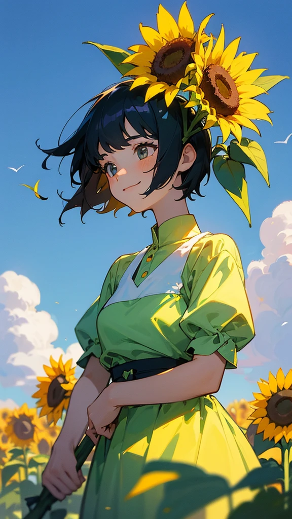  master piece, best quality, for below, cinematic angle, upper body , pigeon toed,  
Anime-style Moe illustration, summer vacation theme, 20-year-old 4womans holding a bouquet of sunflowers, short hair, summer dress, slightly inner thighs, smile, accurate drawing