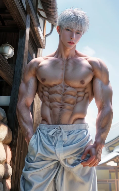 Japanese male model, adult, handsome, perfect face, detailed eyes and face, clean shaved, sixpack realistic, white eyebrow hair, white eyelashes, dynamic lighting, unreal engine 5, hd picture, satoru gojo, white hair, short hair ,hair between eyes ,blue eyes, white skin,