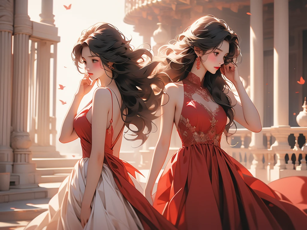 the girl is standing in a red dress next to white structure and is holding her nose, 1girl, solo, dress, black hair, red dress, long hair