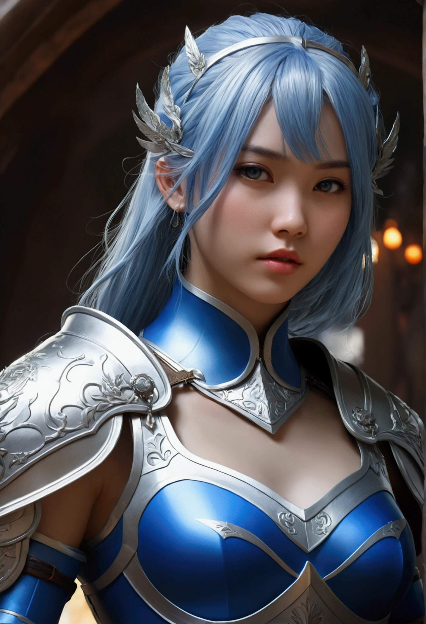 a close-up of a woman in a silver and blue dress, chengwei pot at art station, 由杨J, detailed fantasy art, stunning character art, fanart best art station, epic and exquisite character art, beautiful armor, 极其详细的Artgerm, detailed anime digital art, ArtGerm on ArtStation Pixiv, girl in armor