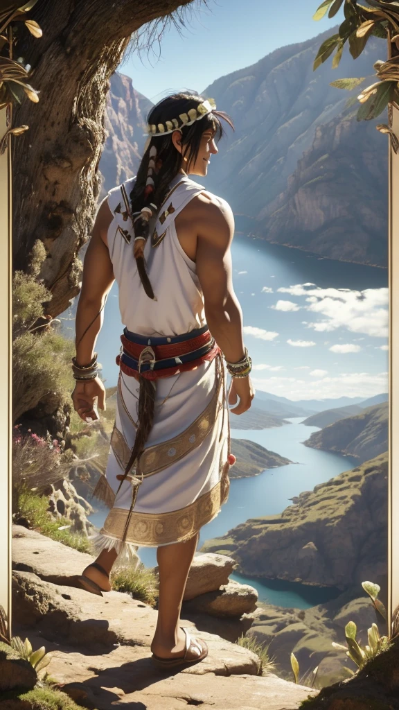 masterpiece, highres, high quality, high resolution, realisitic, Tarot card drawing with number 0 in the card frame,of a smiling young Native American man with a laurel wreath walking casually along the edge of a cliff with mountains in the background next to a dry tree with a hawk in its branches, based on the mythological tarot card The Fool.