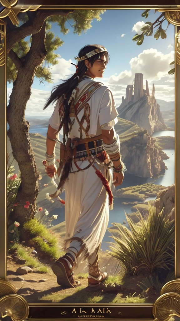 ​masterpiece, highres, high quality, high resolution, realisitic, Tarot card drawing with number 0 in the card frame,of a smiling young Native American man with a laurel wreath walking casually along the edge of a cliff with mountains in the background next to a dry tree with a hawk in its branches, based on the mythological tarot card The Fool.