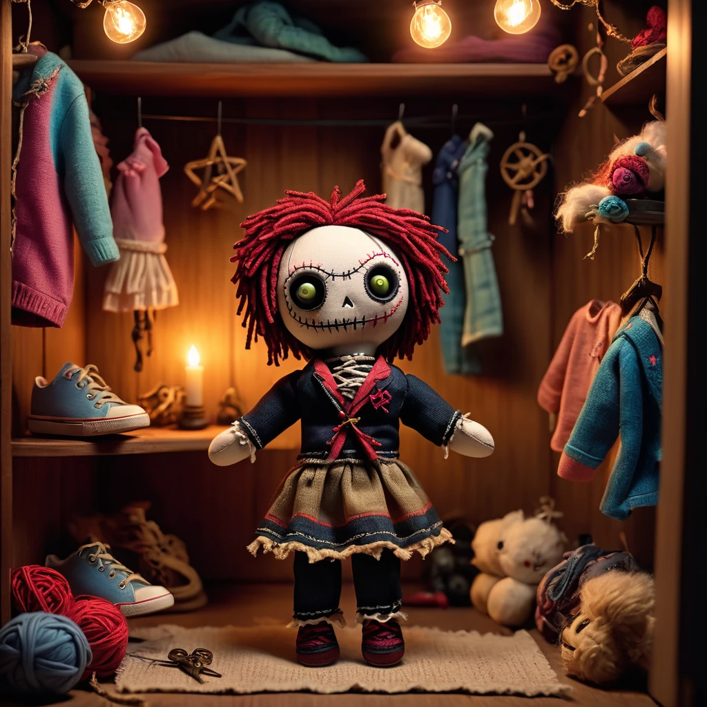 (knitted toy voodoo doll:1.7), (Voodoo in a closet with living clothes:1.3), (Clothing: tattered casual attire with mystical symbols:1.0), (Accessories: miniature animated clothes, tiny glowing hangers, small eerie shoes:1.2), (background: cozy closet with flickering lights and glowing magical clothes, ethereal light illuminating the scene:1.2), best quality, masterpiece, detailed soft oil painting, detailed background, dramatic cinematic lighting, soft edge lighting, professional, dramatic lighting, hard edge lighting, ultra quality, 4k,masterpiece, best quality, 8k, ultra highres, highres, extremely detailed